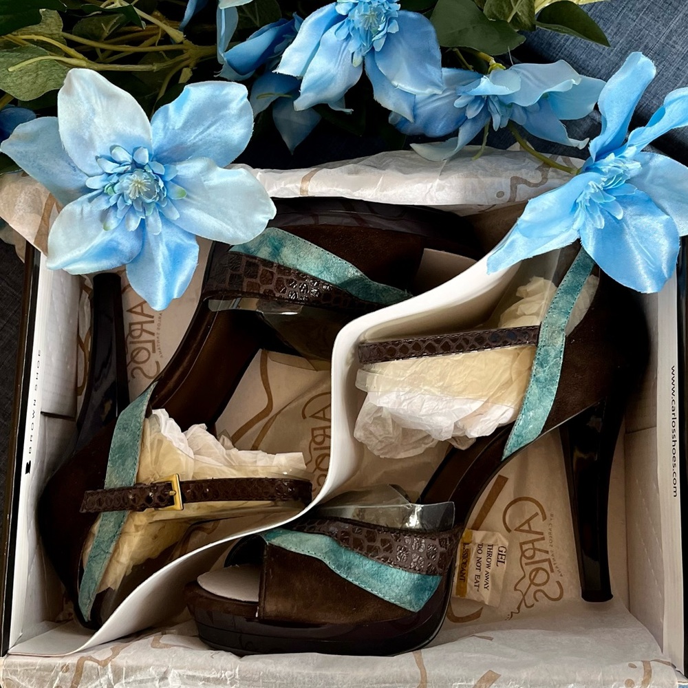 Carlos Santana Suede Brown & Teal Ankle Strap Platform Heel